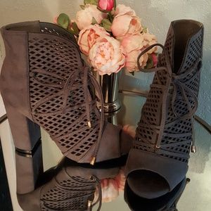 Gray suede tie up heels