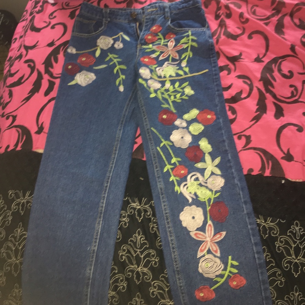 embroidered denim jeans