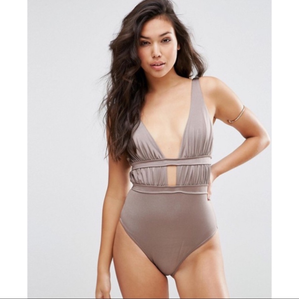 ASOS Gathered Deep Plunge Swimsuit - Stardust mink