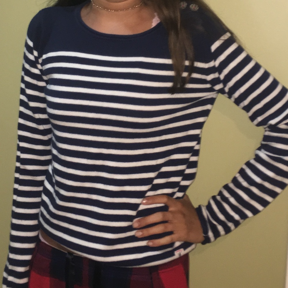 Navy blue and white striped knit sweater