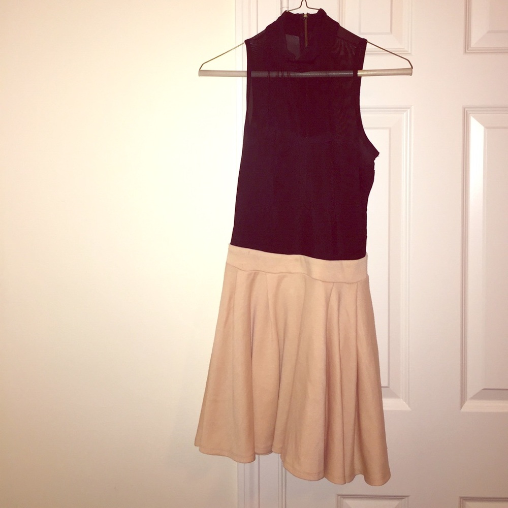 Skater dress with mesh mock-neck top