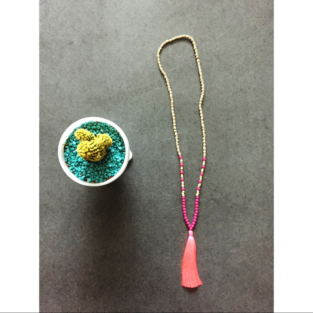 Pink Wooden Beaded Tassel Necklace