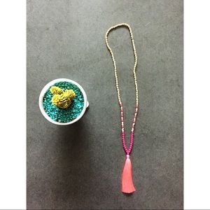 Pink Wooden Beaded Tassel Necklace