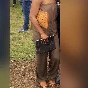 Olive green strapless jumpsuit.