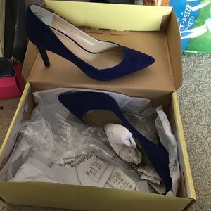 Blue suede low heal pumps