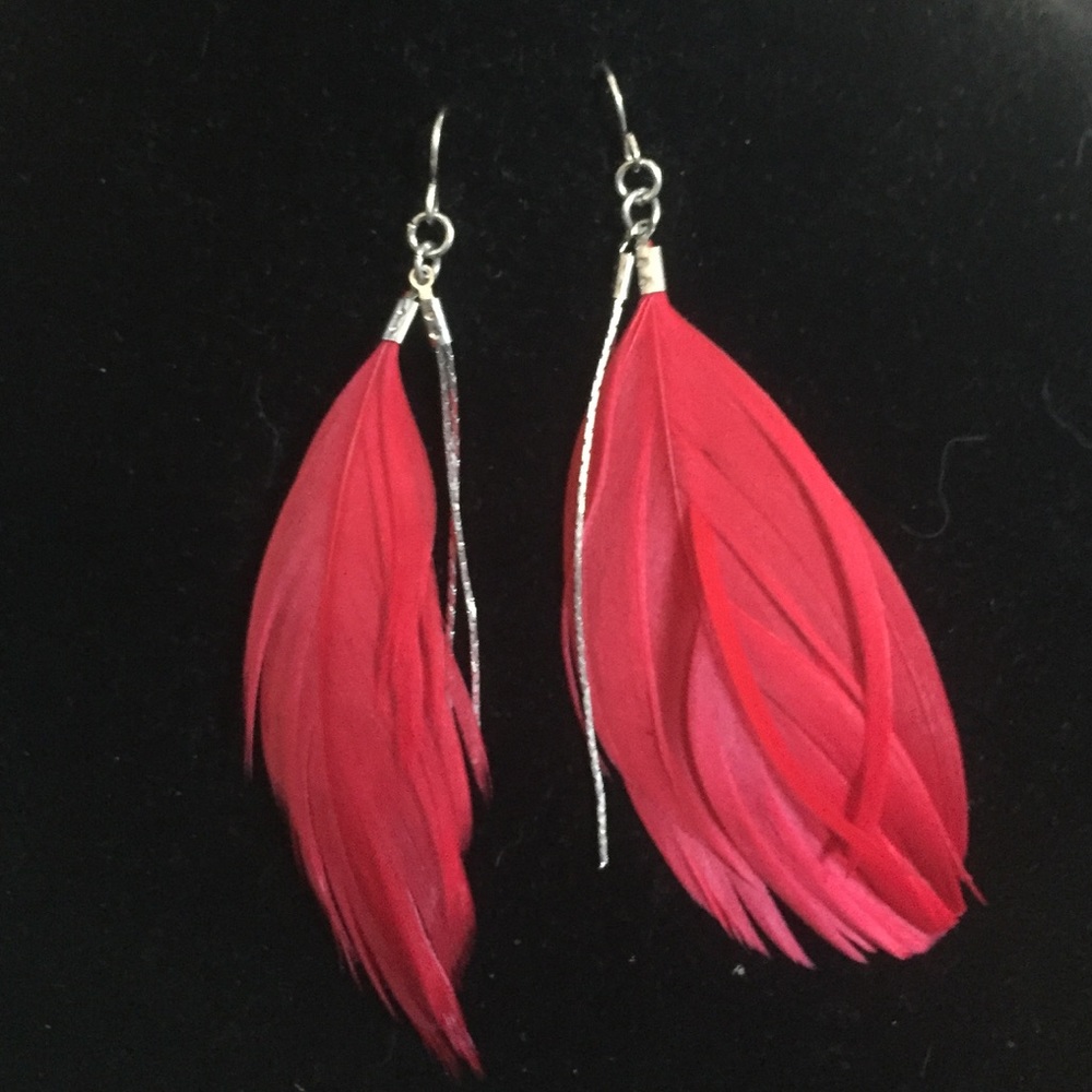 Red and silver feather earrings