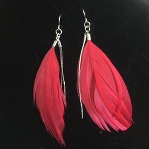 Red and silver feather earrings
