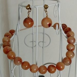 Vintage necklace and clip on earrings muted orange