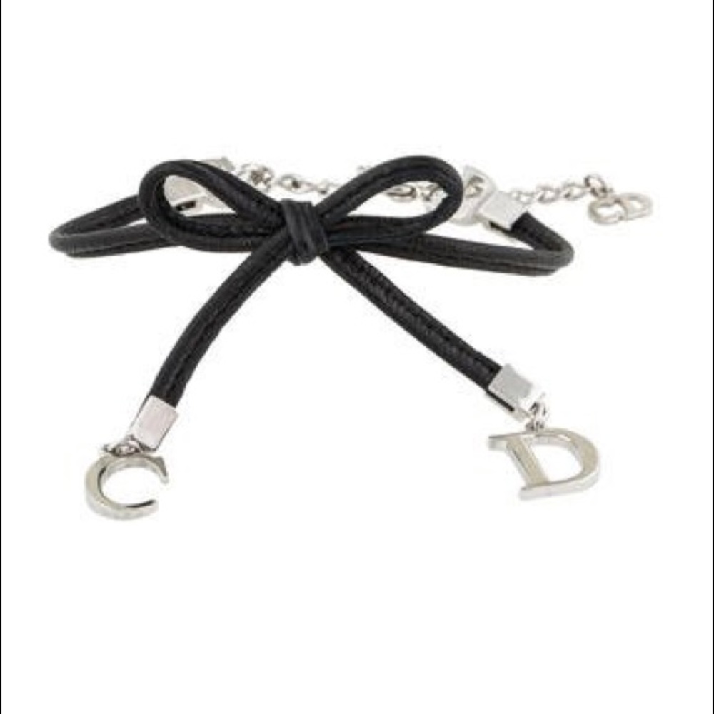 Like New Dior Leather Bow Bracelet Black Silver