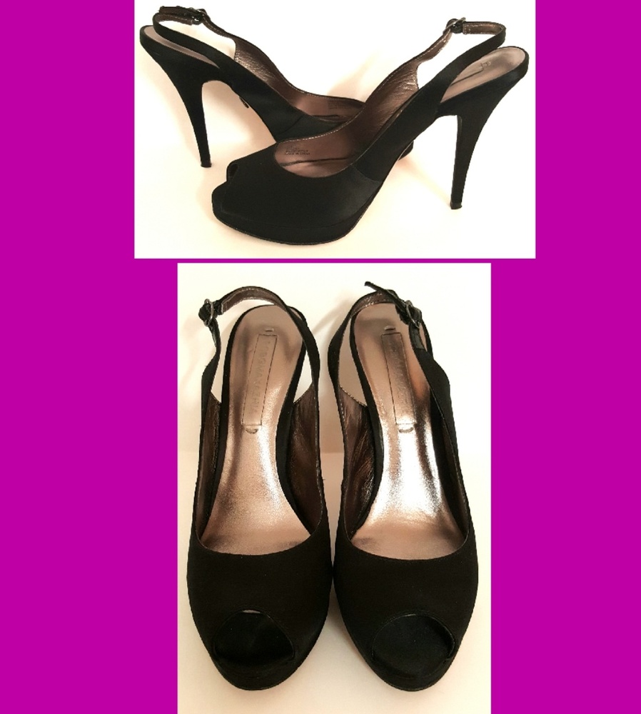 BCBG MAXAZRIA Black Satin Peeptoes dress shoes - 6.5M.