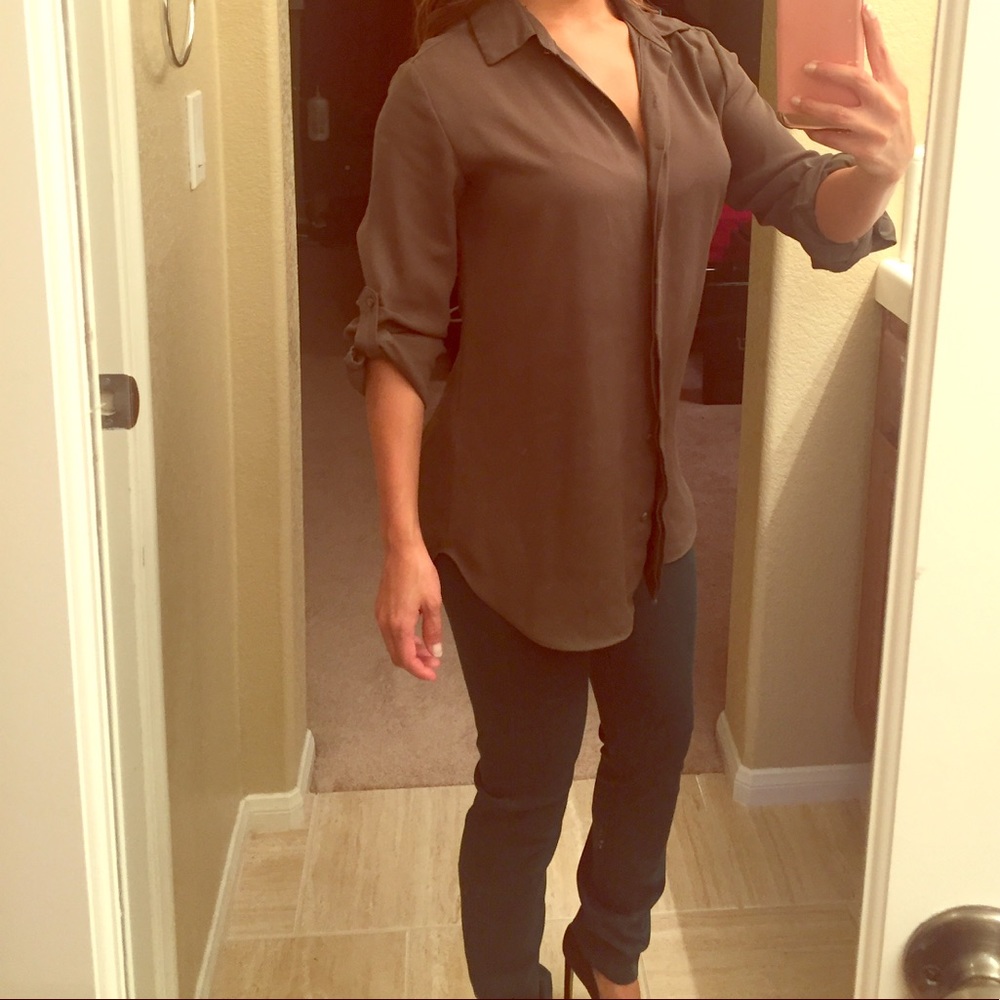 Forest green button down collard blouse