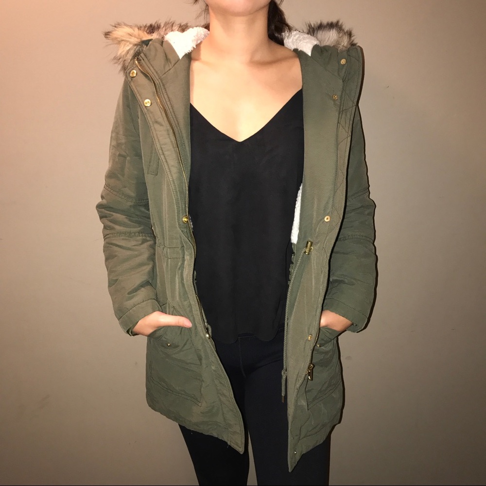 Olive Green Winter Coat with Faux Fur