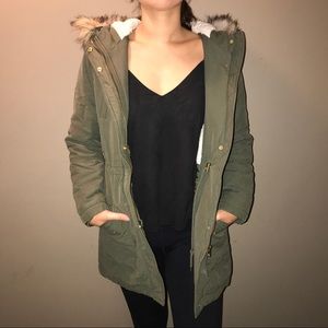 Olive Green Winter Coat with Faux Fur