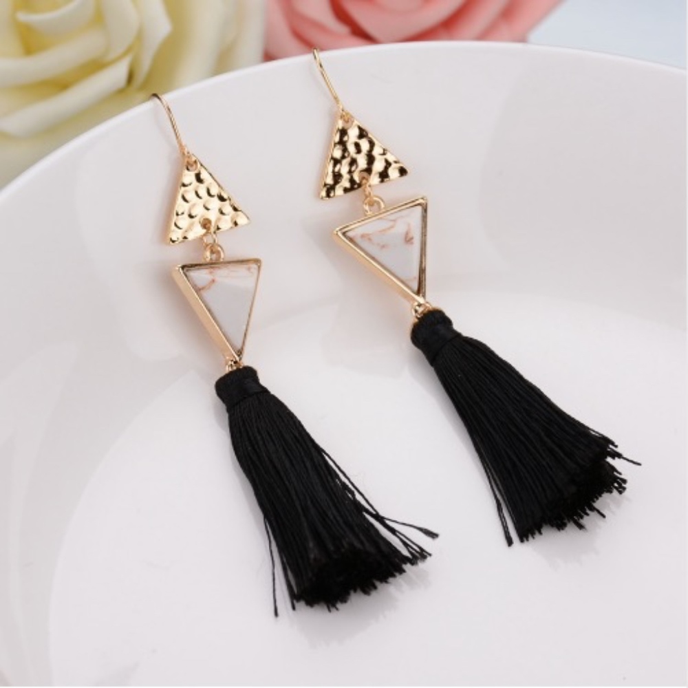 TRIANGLE MARBLE TASSLE EARRINGS