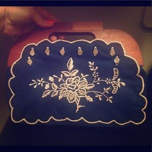 Vintage navy wood handle handkerchief clutch