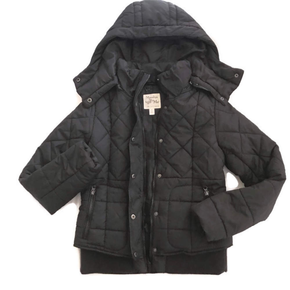 Black Quilted Hooded Puffer Faux Leather Trim