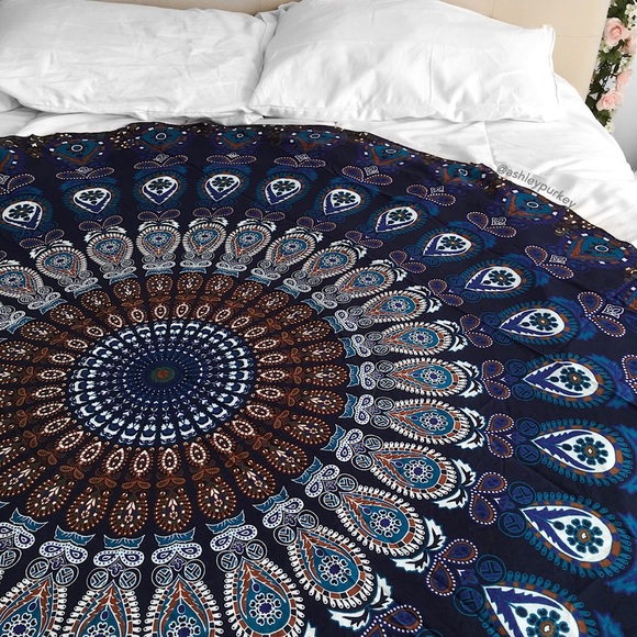 blue and brown mandala circle round tapestry - Picture 2 of 3