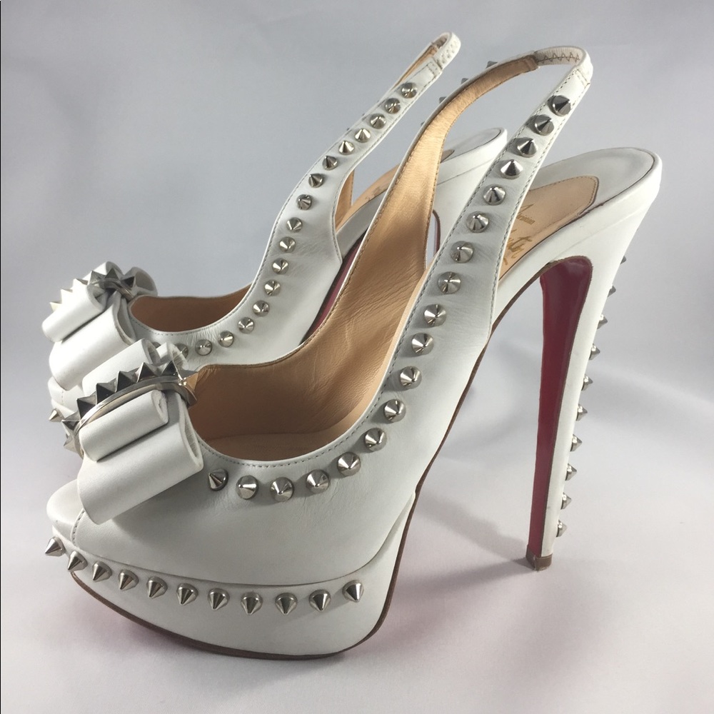Woman's Louboutin White Spiked Bow Slingbacks