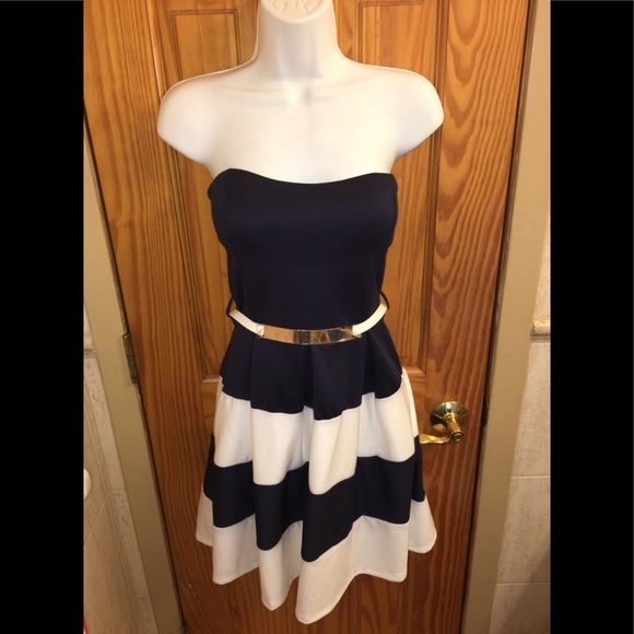 NWT Navy/White stripe strapless bandeau dress SZ M - Picture 2 of 3