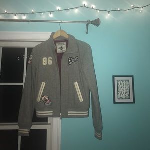 PINK Gray Wool Letterman Jacket w/ Patches - M