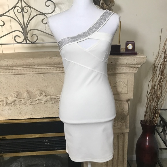 white wedding dress mini crystal party one shoulde - Picture 1 of 5