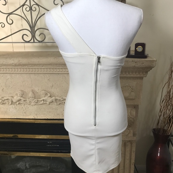 white wedding dress mini crystal party one shoulde - Picture 2 of 5