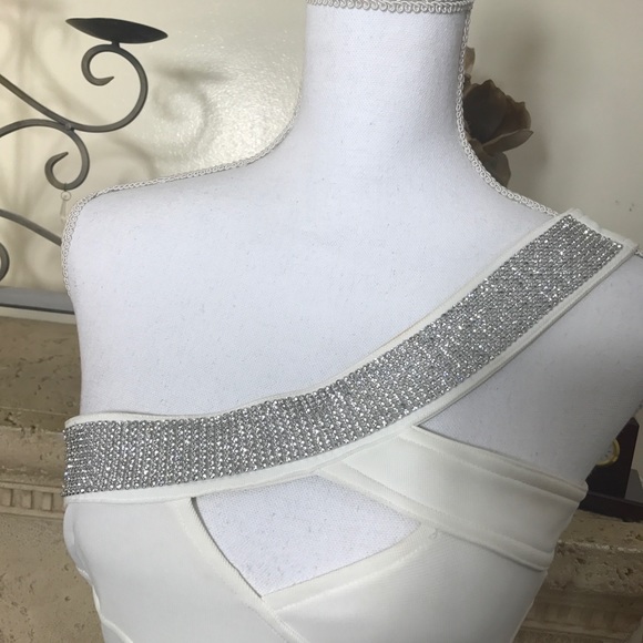 white wedding dress mini crystal party one shoulde - Picture 3 of 5