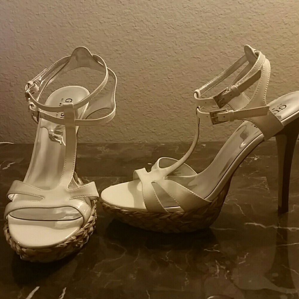 Guess by Marciano Cork Heel Slingback White Shoes