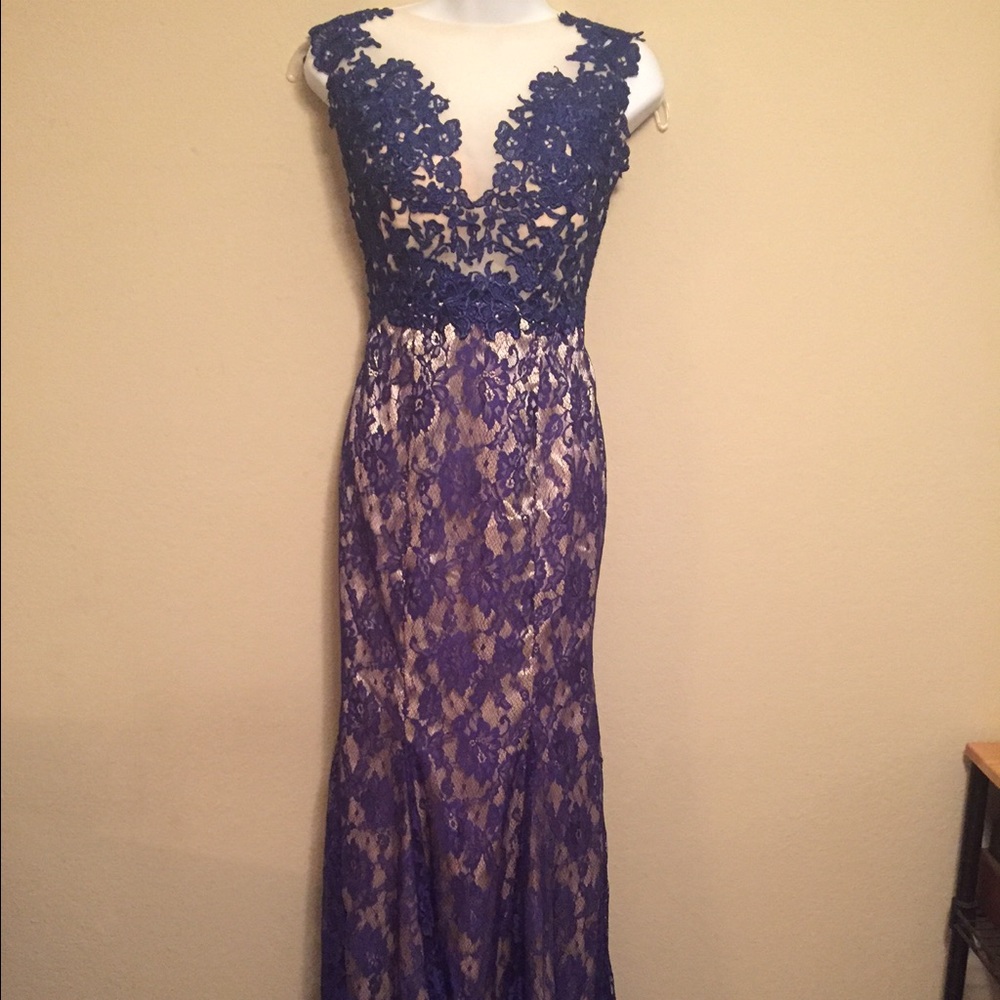 Blue lace illusion neck open back gown NWOT