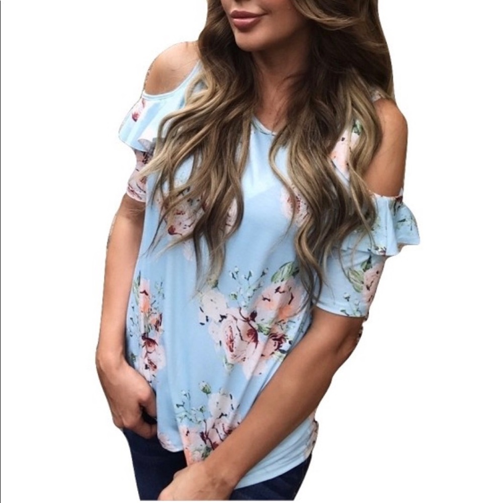 Minty Blue Floral Top with Ruffle Sleeve