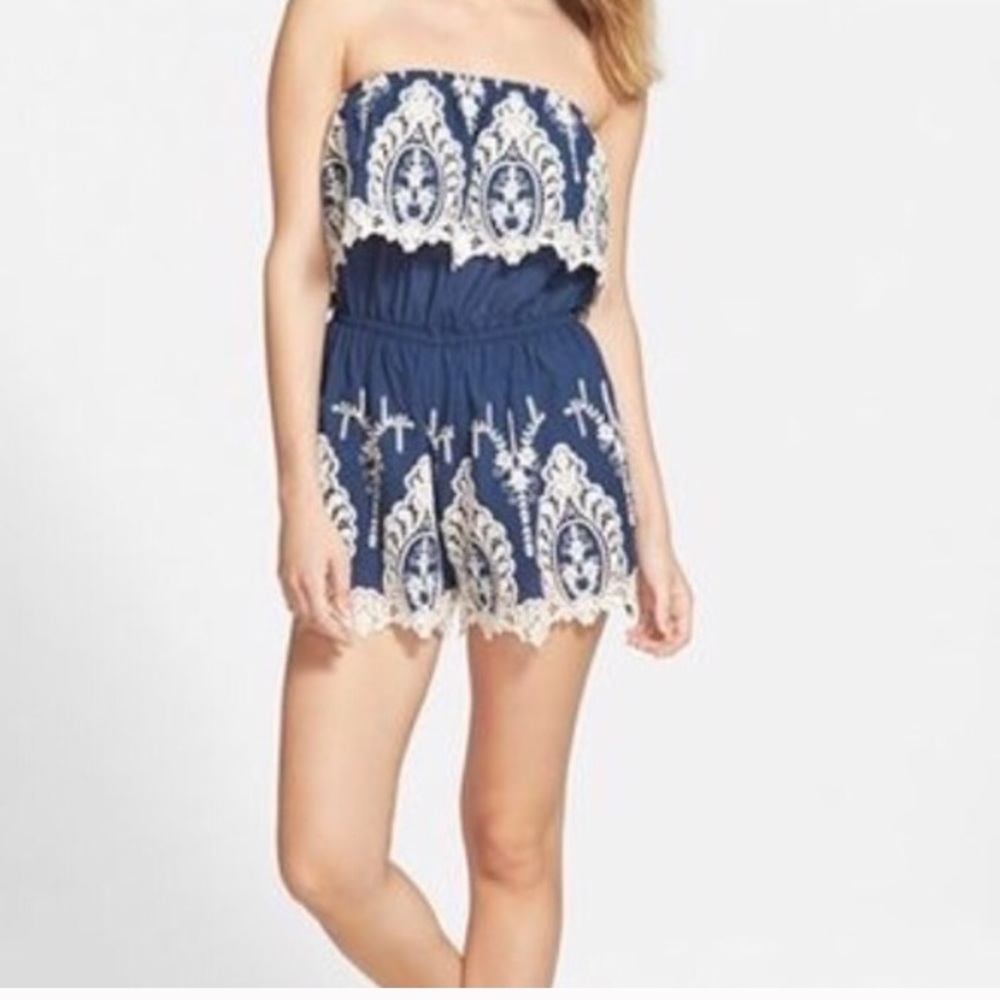 Crochet blue white strapless romper