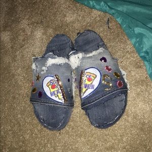 Handmade denim slides with patches