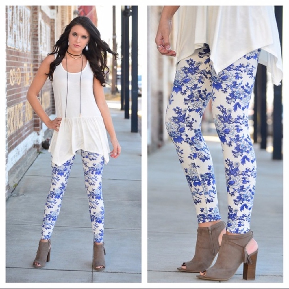 Blue Floral Print Leggings OSFM