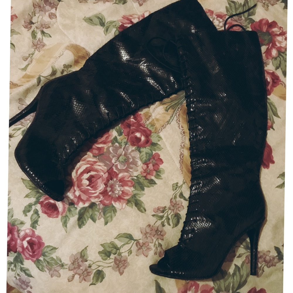Black open toe knee length booties