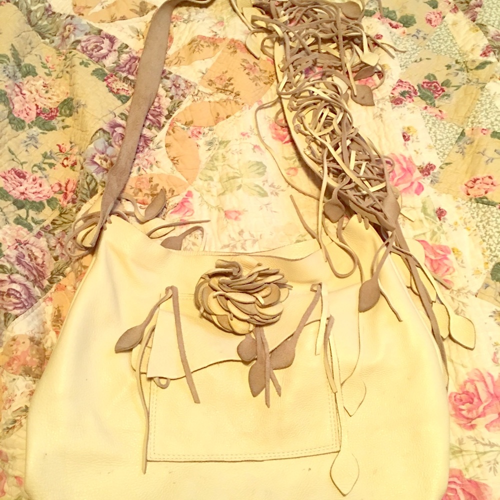 Bone Ivory Fringe Flower Leather Bag Tote