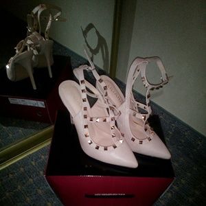 Beige Studded Heeled Slingbacks
