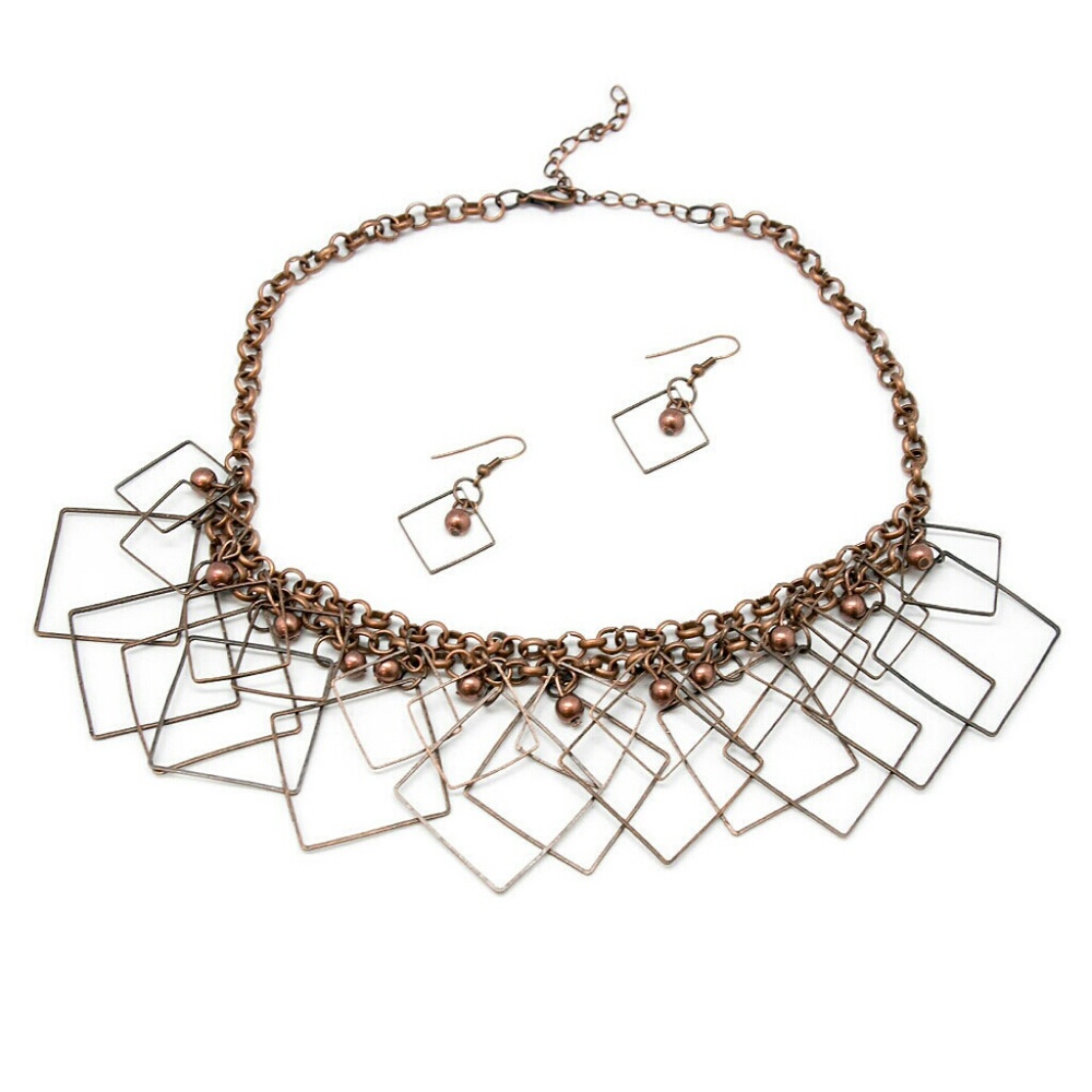 Square accent brass necklace w/earrings
