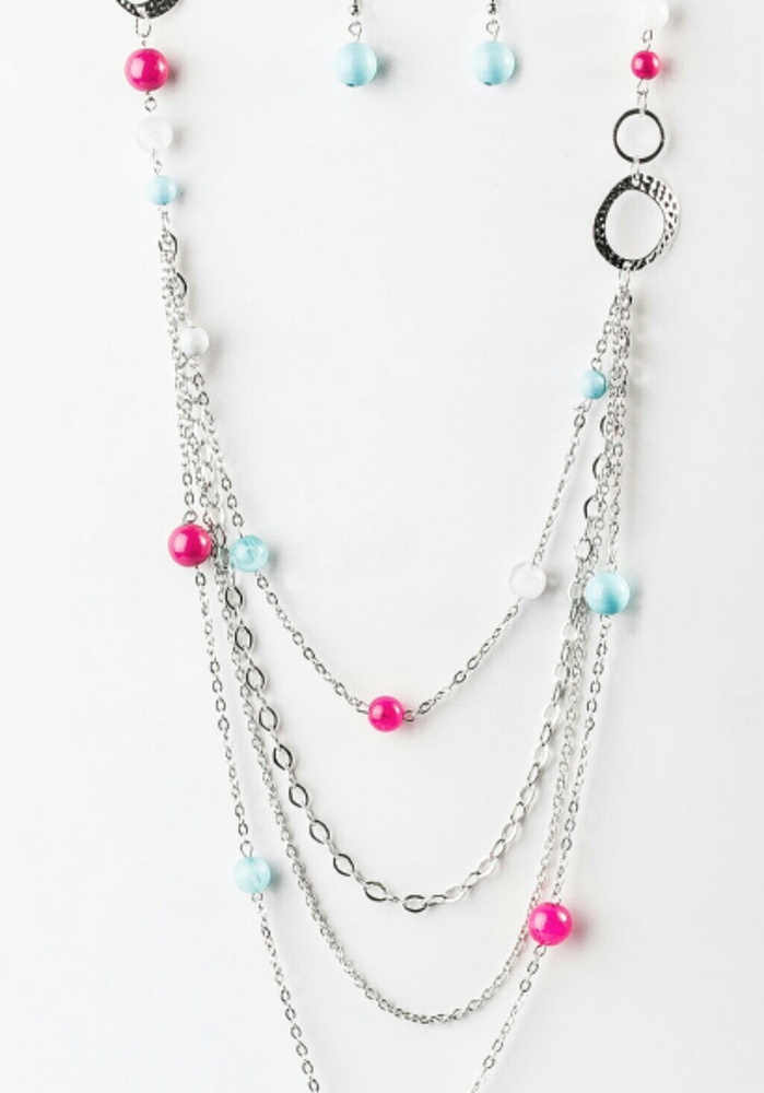 Pink and blue silver necklace w/earrings