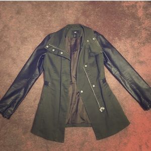 Olive green with leather sleeves fall coat