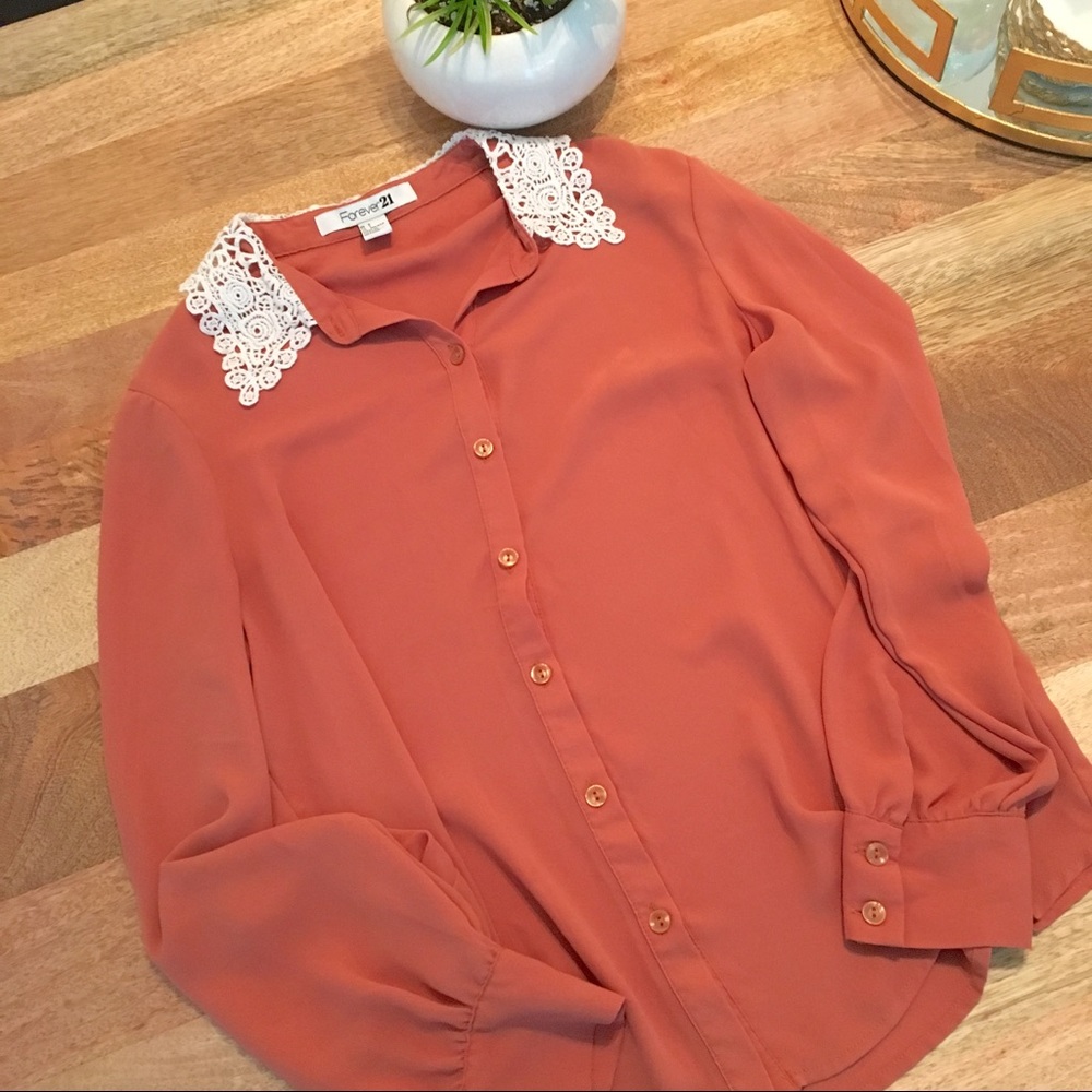Forever 21 Blouse ButtonUp with Lace Detail Collar