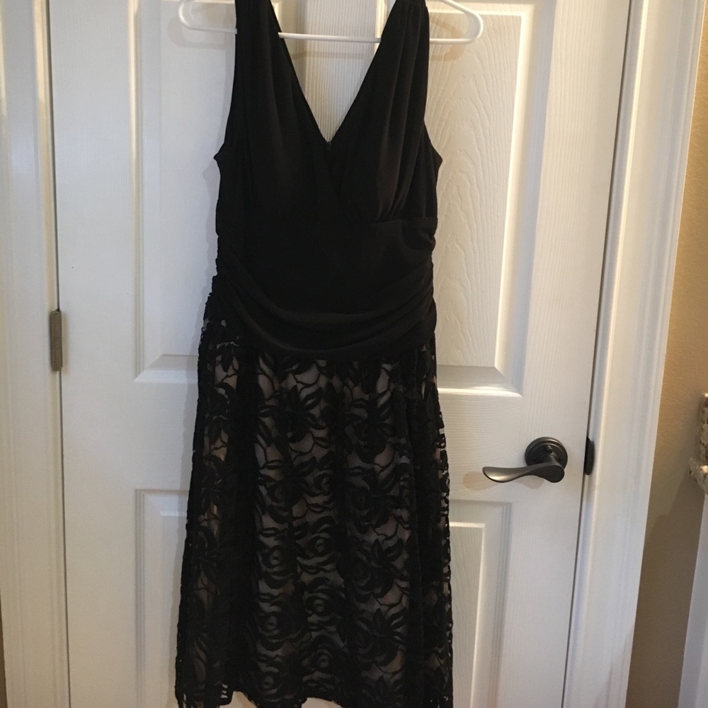 Cute cocktail dress.. sheer overlay over tan satin