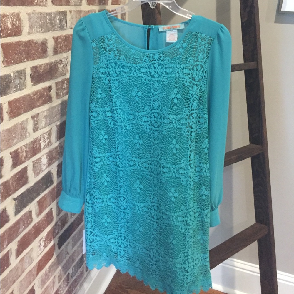 Teal long sleeve crochet dress