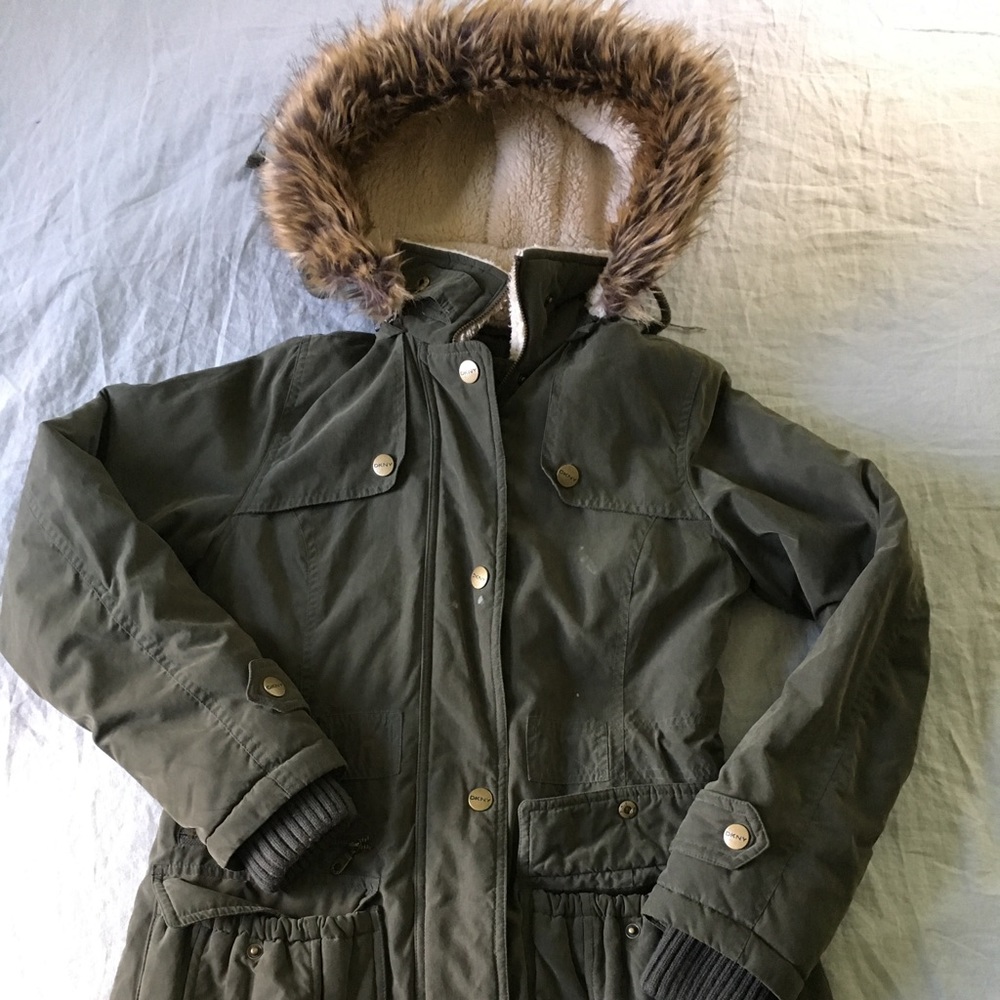 DKNY Army Green Coat w/ detachable fur trim hood