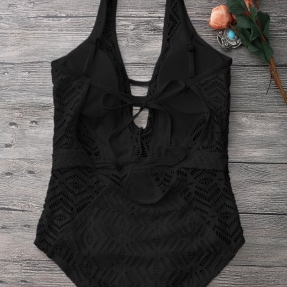 NEVER WORN Black Crochet One-Piece Swimsuit - Picture 2 of 8