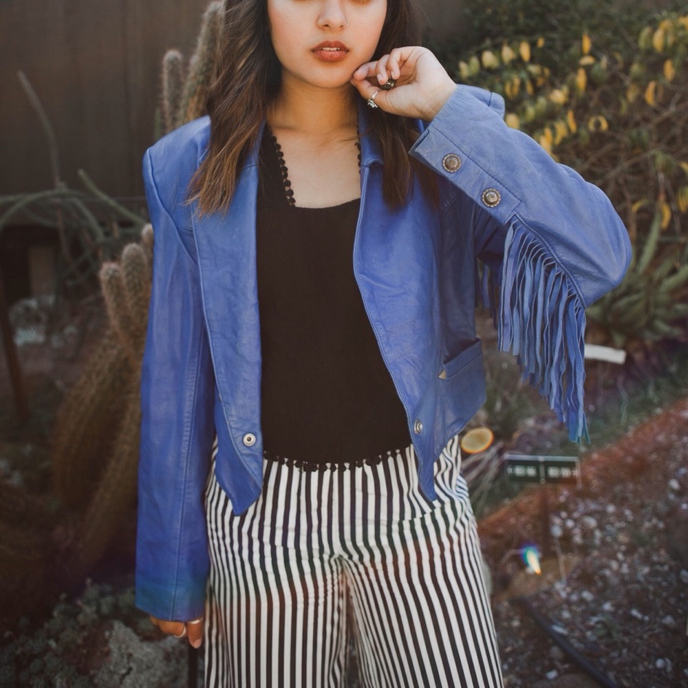 Vintage Electric Blue Leather Fringe Jacket