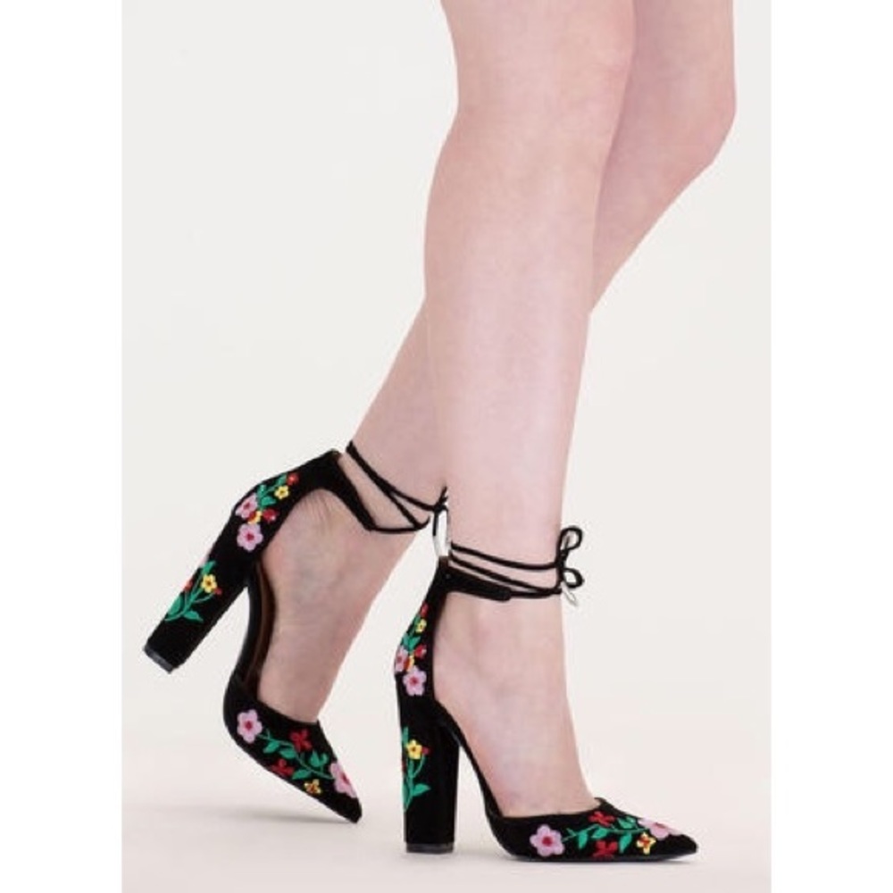 Flower Party Embroidered Black Chunky Heels