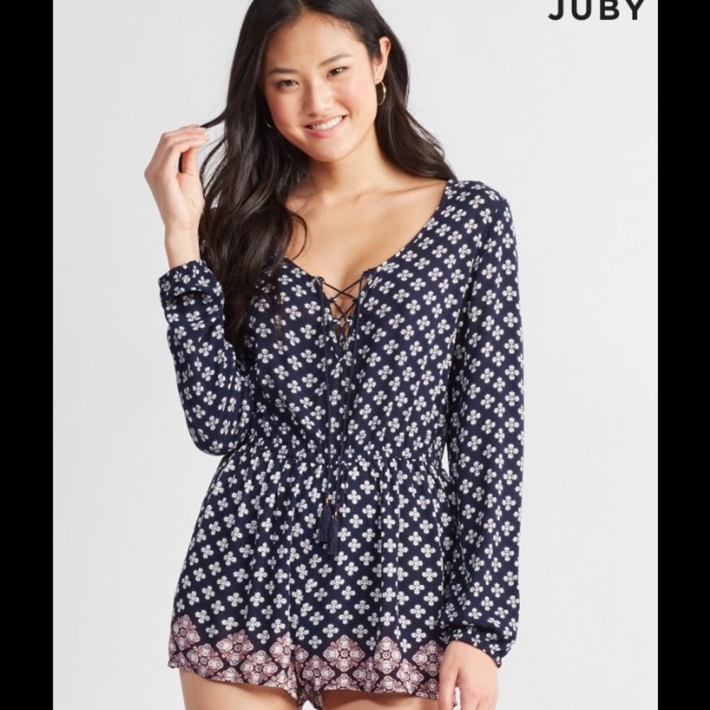 Aeropostale lace up blue printed romper