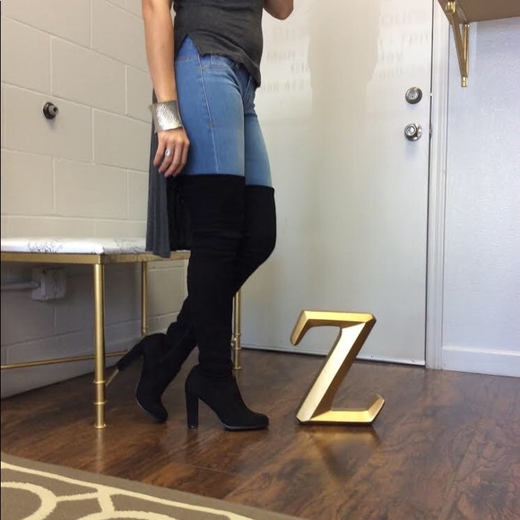Black thigh high boots (faux suede) OBO - Picture 2 of 2
