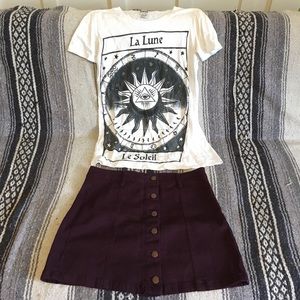 Outfit: plum denim skirt + La Lune tee