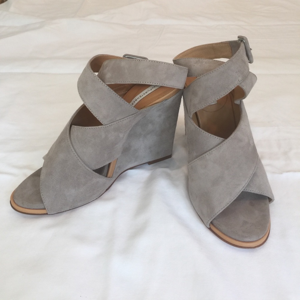 DVF Grey Suede Wrap Wedges
